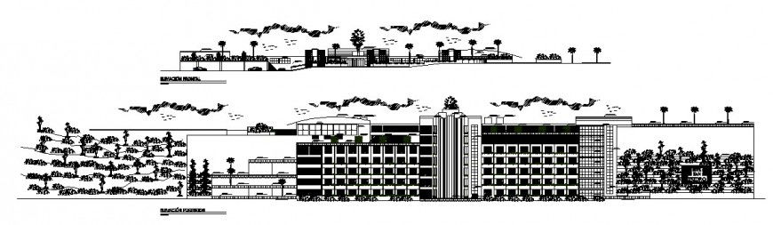 Main and back elevation details of five star luxuries hotel building dwg file