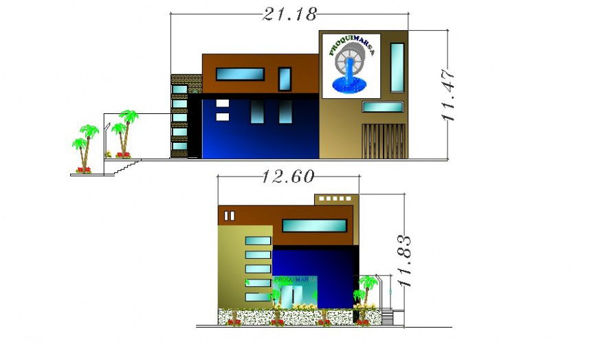Main and back elevation details of local office building dwg file