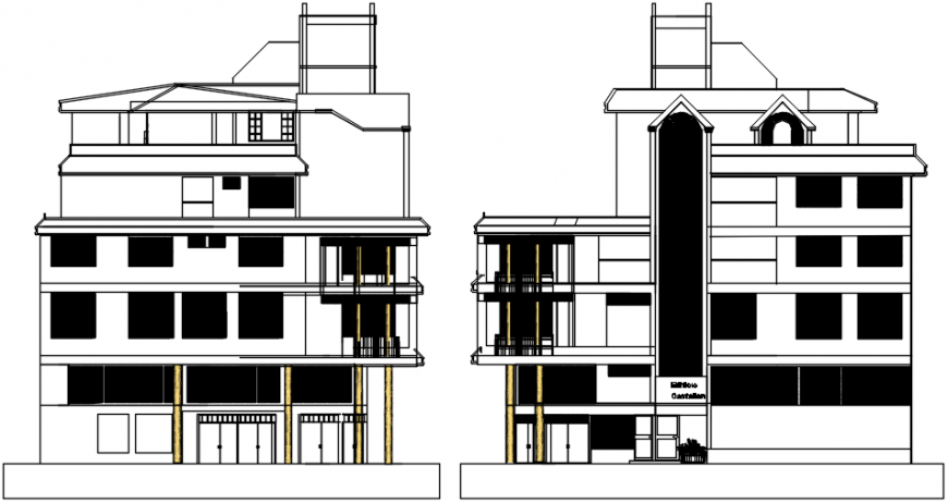 Main and back elevation details of multi-familiar flats building dwg file