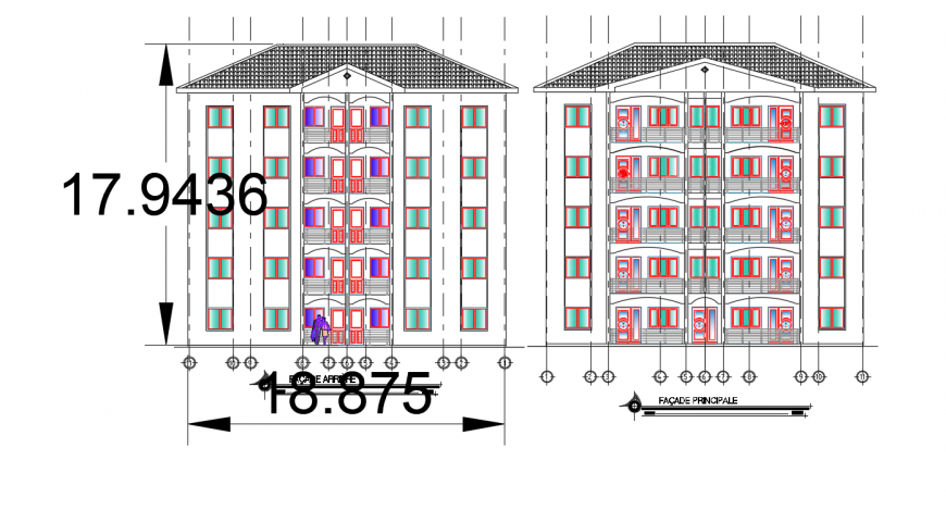 Main and back elevation details of residential apartment building dwg file
