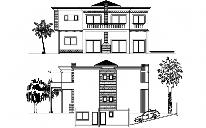 Main and back elevation details of two story residential villa dwg file
