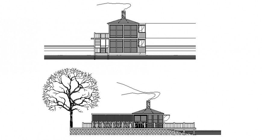 Main and back elevation drawing details of club house dwg file