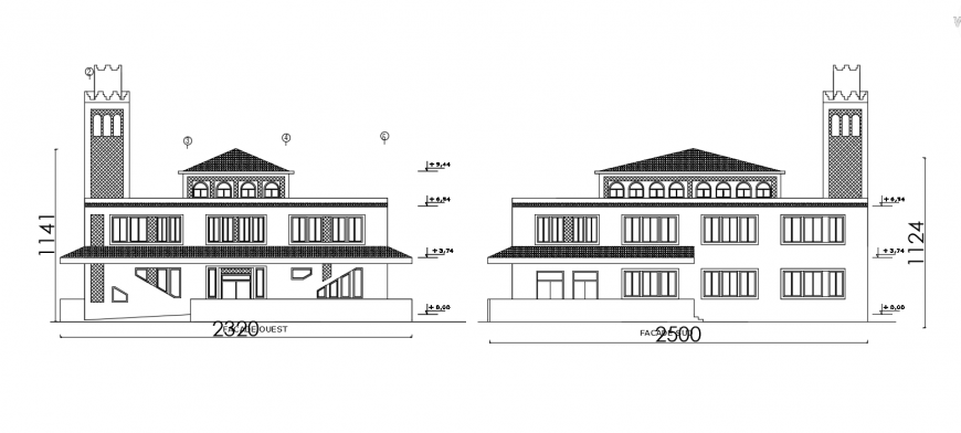 Main and back elevation drawing details of religious mosque dwg file