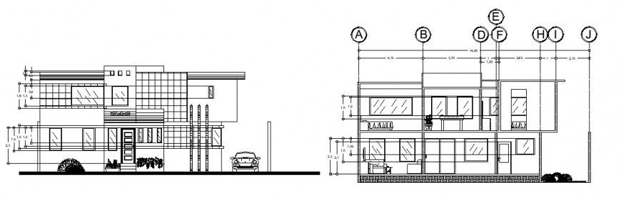 Main and back elevation drawing details of three story house dwg file