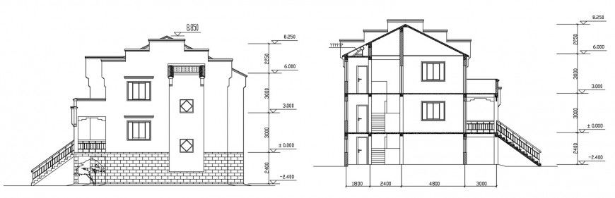 Main and back section details of village residential house dwg file