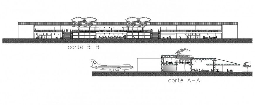 Main and back section drawing details of airport building dwg file