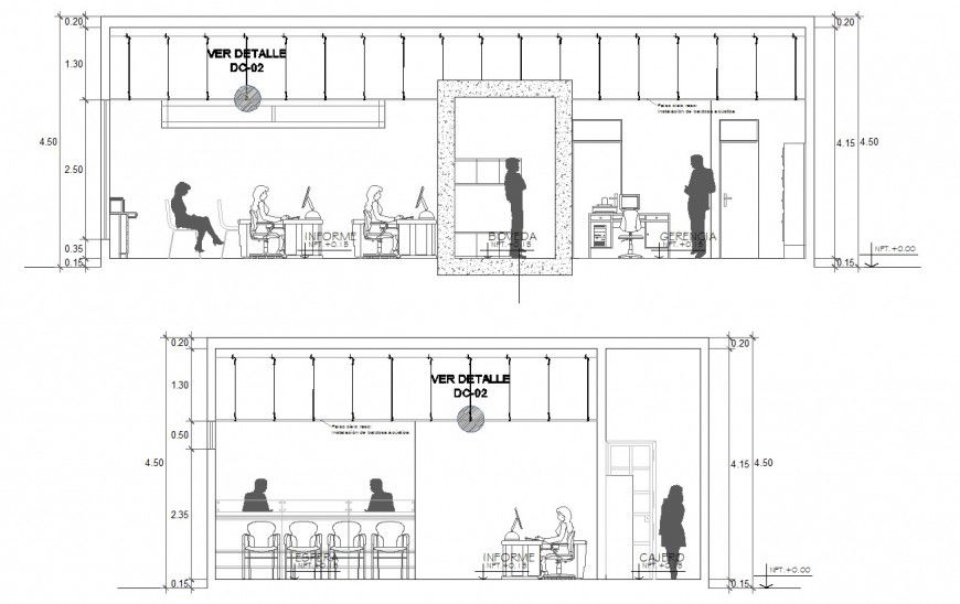 Main and back section drawing details of bank agency building dwg file