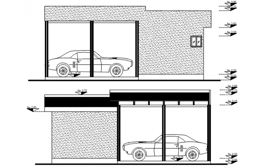 Main and back section drawing details of car wash store dwg file