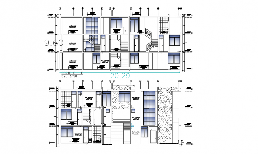 Main and back section drawing details of condominium residential building dwg file