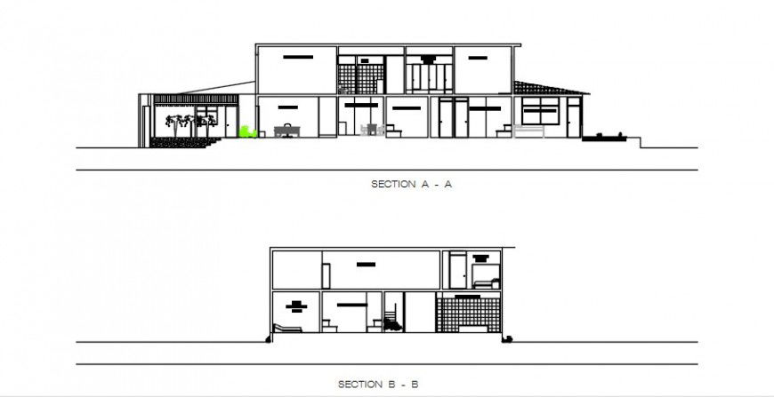 Main and back section drawing details of residential house dwg file