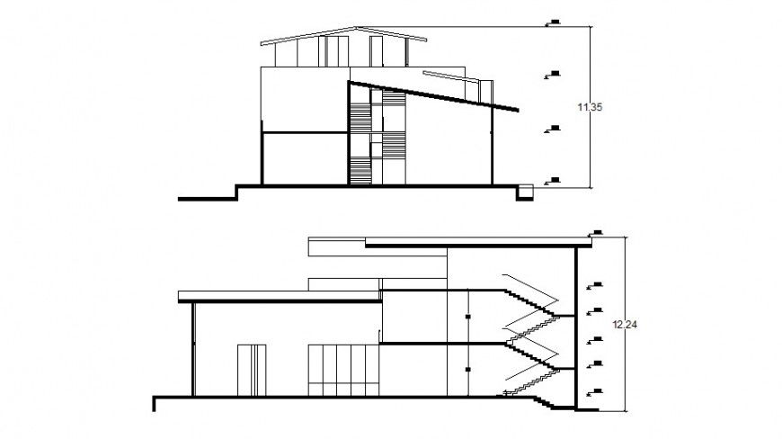 Main and back section drawing details of residential villa dwg file