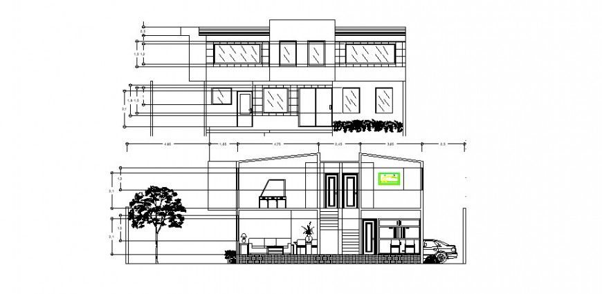 Main and back section drawing details of two story house dwg file