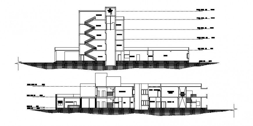 Main and back sectional drawing details of multi-specialist hospital building dwg file