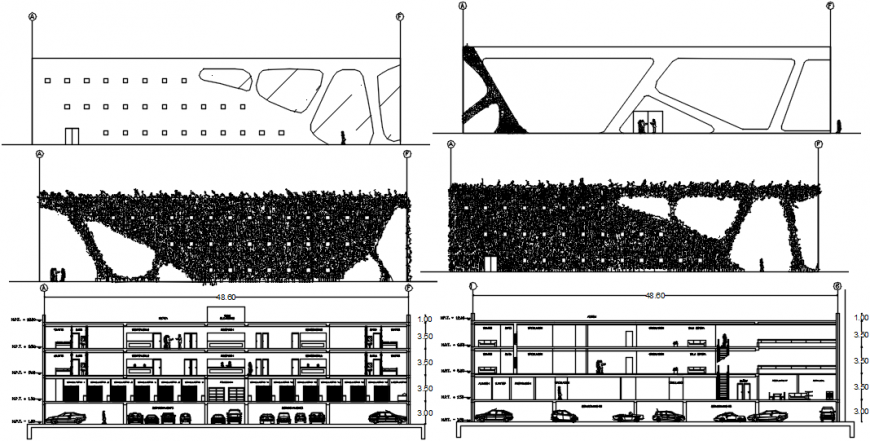 Main and back sectional drawing details of multi-story private hospital dwg file