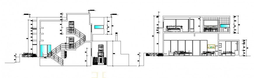 Main and back sectional drawing details of residential bungalow dwg file