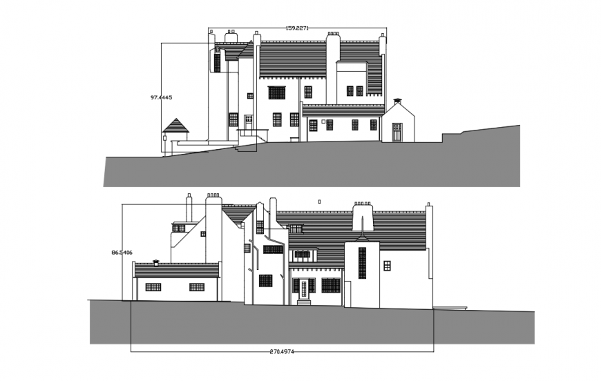 Main and back side elevation details of hill station house dwg file