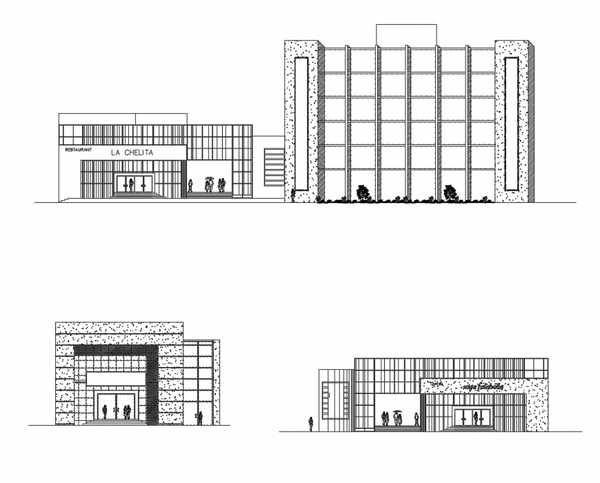Main and back side elevation details of multi-story hotel building auto-cad dwg file