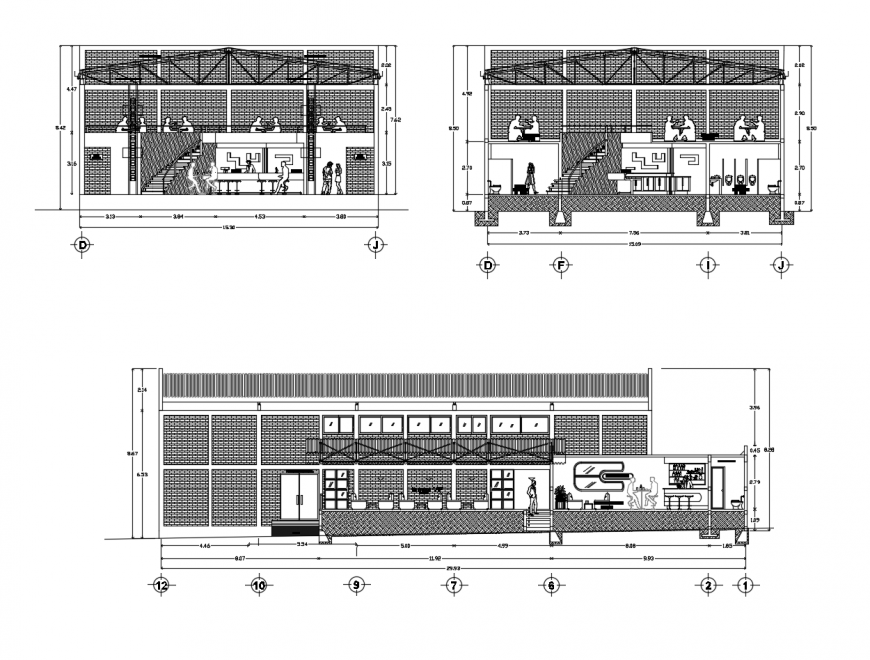 Main and both sided sectional details of discotheque with bar and restaurant dwg file