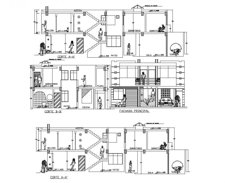 Main and both sided sectional drawing details of apartment building dwg file
