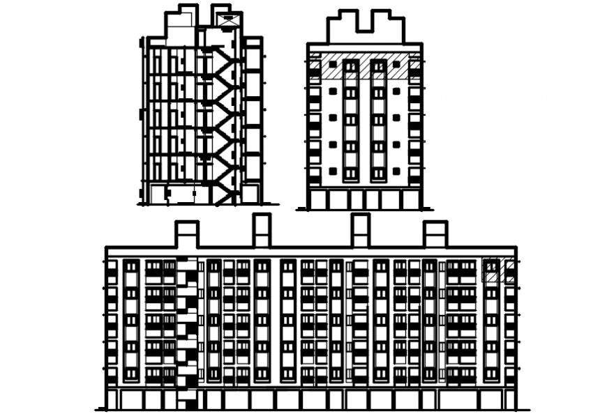 Main and side elevation and side section drawing details for apartment building dwg file