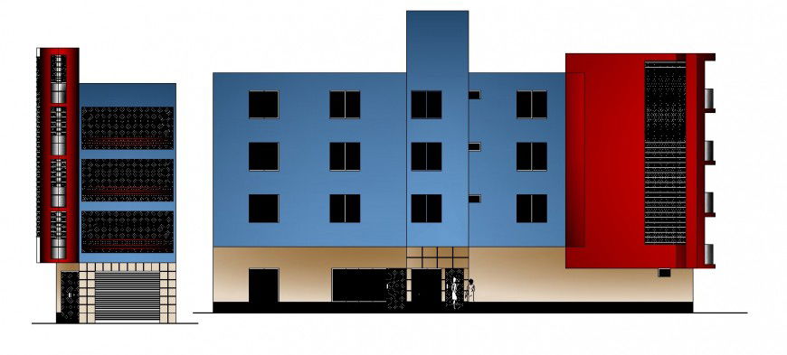 Main and side elevation drawing details of four story hotel building dwg file