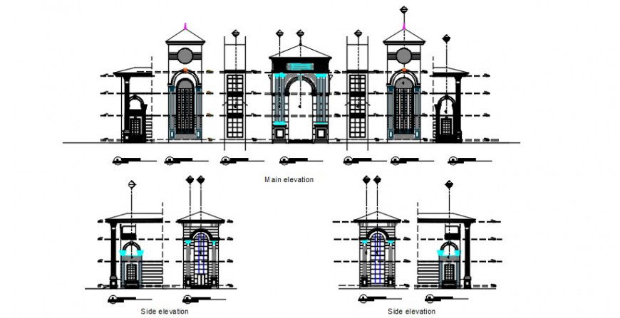 Main and side elevation drawing details of luxuries Mamoora villa building dwg file