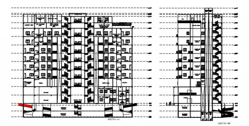 Main and side section drawing details of multi-story apartment building dwg file