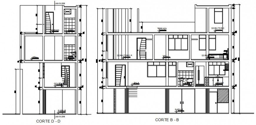 Main and side section drawing details of three story house dwg file