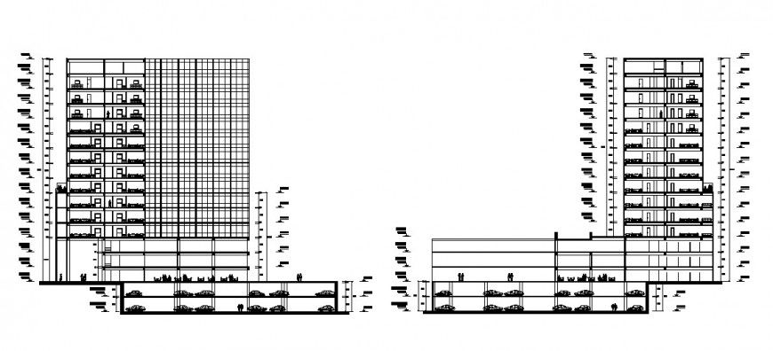 Main and side sectional details of multi-story education institute building dwg file
