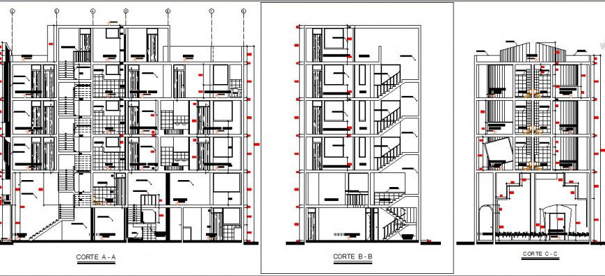 Main and side sectional details of multi-story luxuries hotel building dwg file
