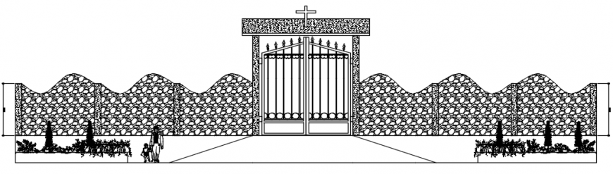 Main church gate elevation with compound wall cad drawing details dwg file