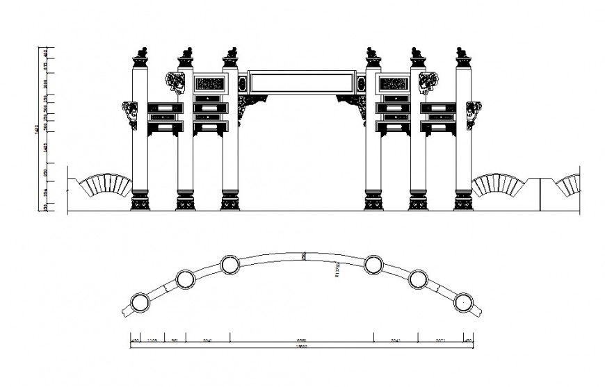 Main classic gate elevation and structure drawing details dwg file