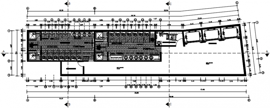 Main distribution plan and sanitary installation of toilet of sports center dwg file