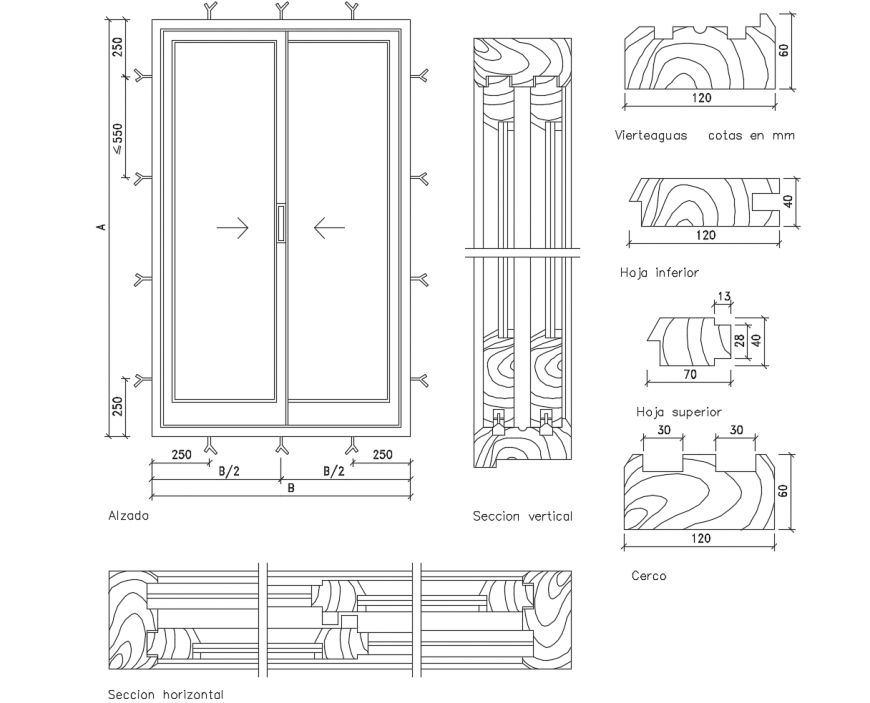 Main door elevation, section and installation drawing details dwg file