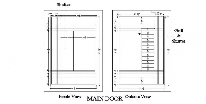 Main door with shutter and grill inside and outside view dwg file