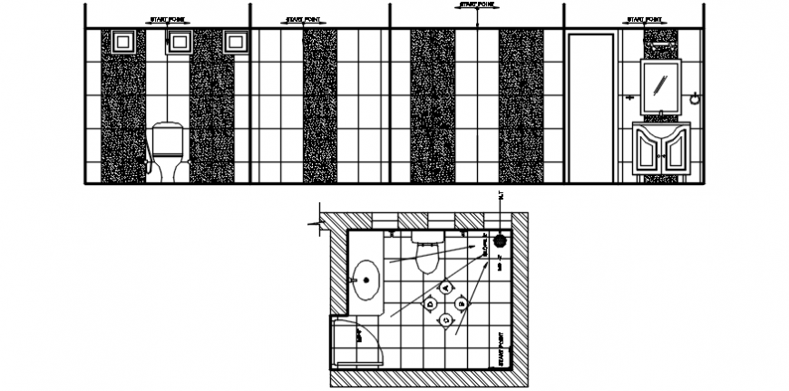 Main elevated section, plan and installation details of toilet dwg file