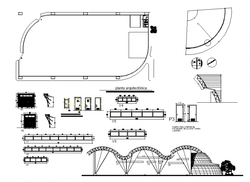 Main elevation, column and beam schedule and auto cad details of shopping mall building dwg file