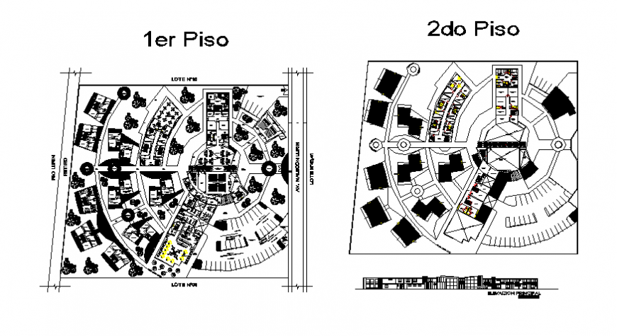 Main elevation, ground and first floor layout plan details of shopping mall building dwg file