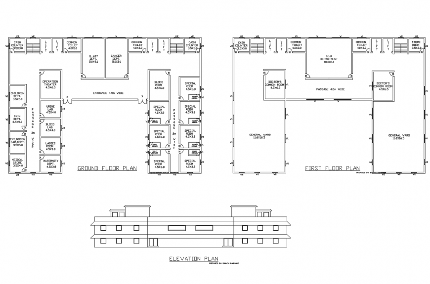 Main elevation, ground floor and first floor plan details of hospital dwg file