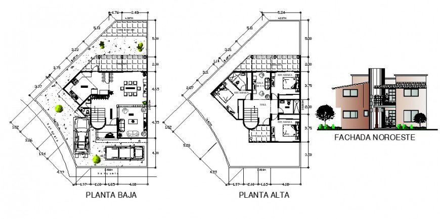 Main elevation, ground floor and first floor plan details of house dwg file