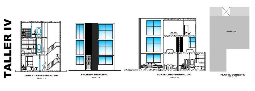 Main elevation, longitudinal and transverse section and cover plan details of house dwg file