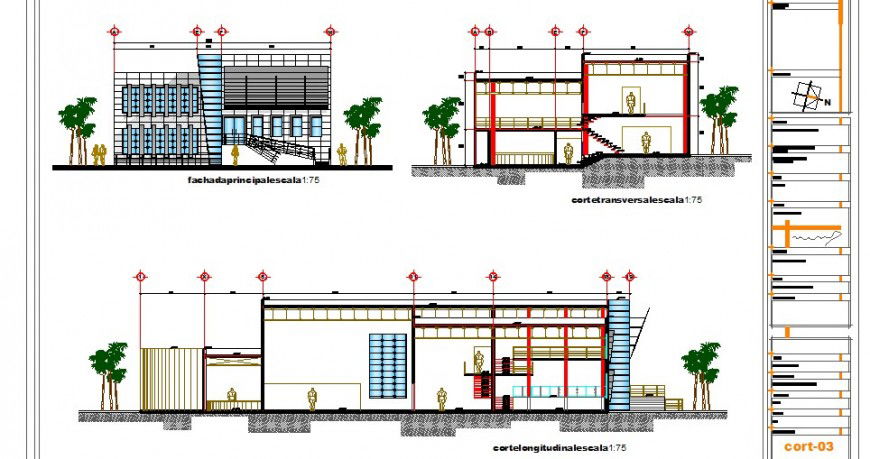 Main elevation, main section and back sectional details of hotel building dwg file