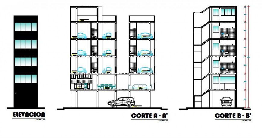 Main elevation, main section and side section of five story apartment building dwg file