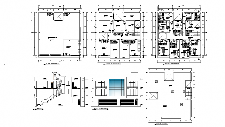 Main elevation, section and floor plan details of hotel building dwg file