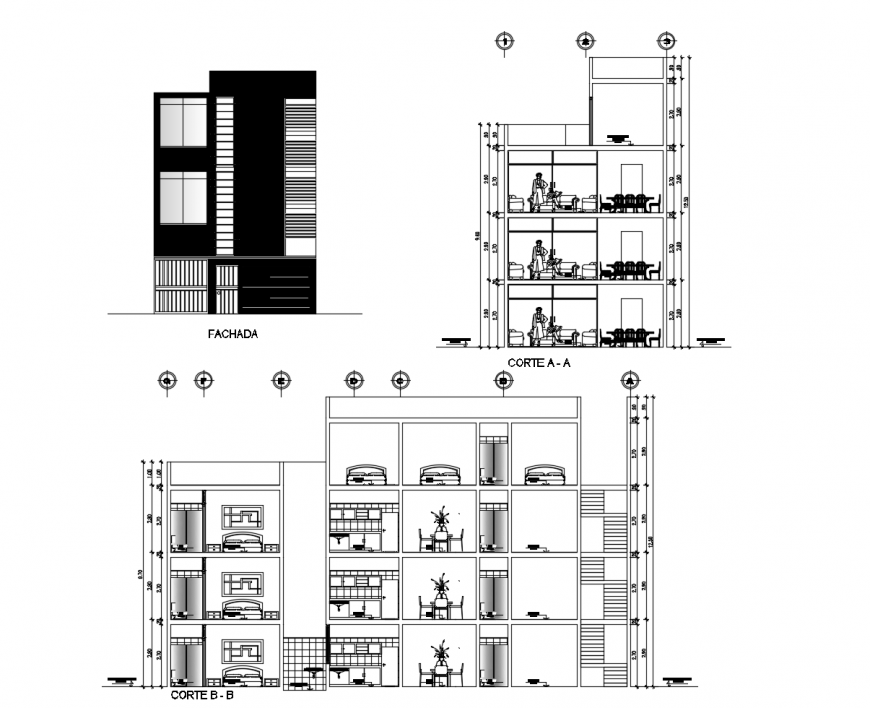 Main elevation, main section and back section drawing details of ...