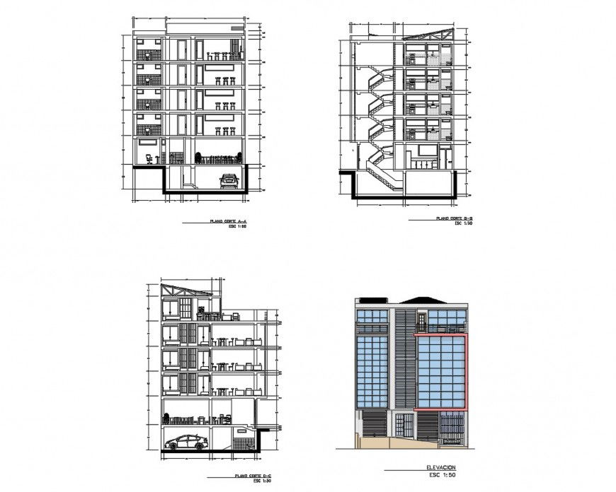 Main elevation and all sided section details of apartment housing building dwg file
