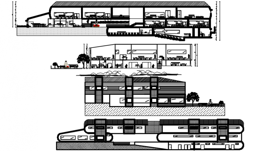 Main elevation and all sided section drawing details of architecture college dwg file