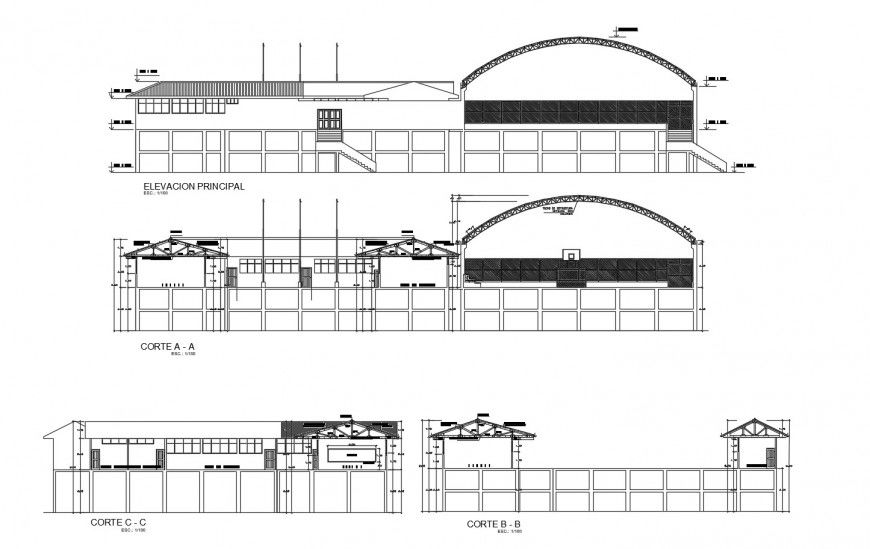 Main elevation and all sided section drawing details of flood zone college dwg file