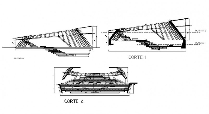 Main elevation and all sided sectional details of Amphi theater dwg file