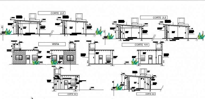 Main elevation and all sided sectional details of house dwg file